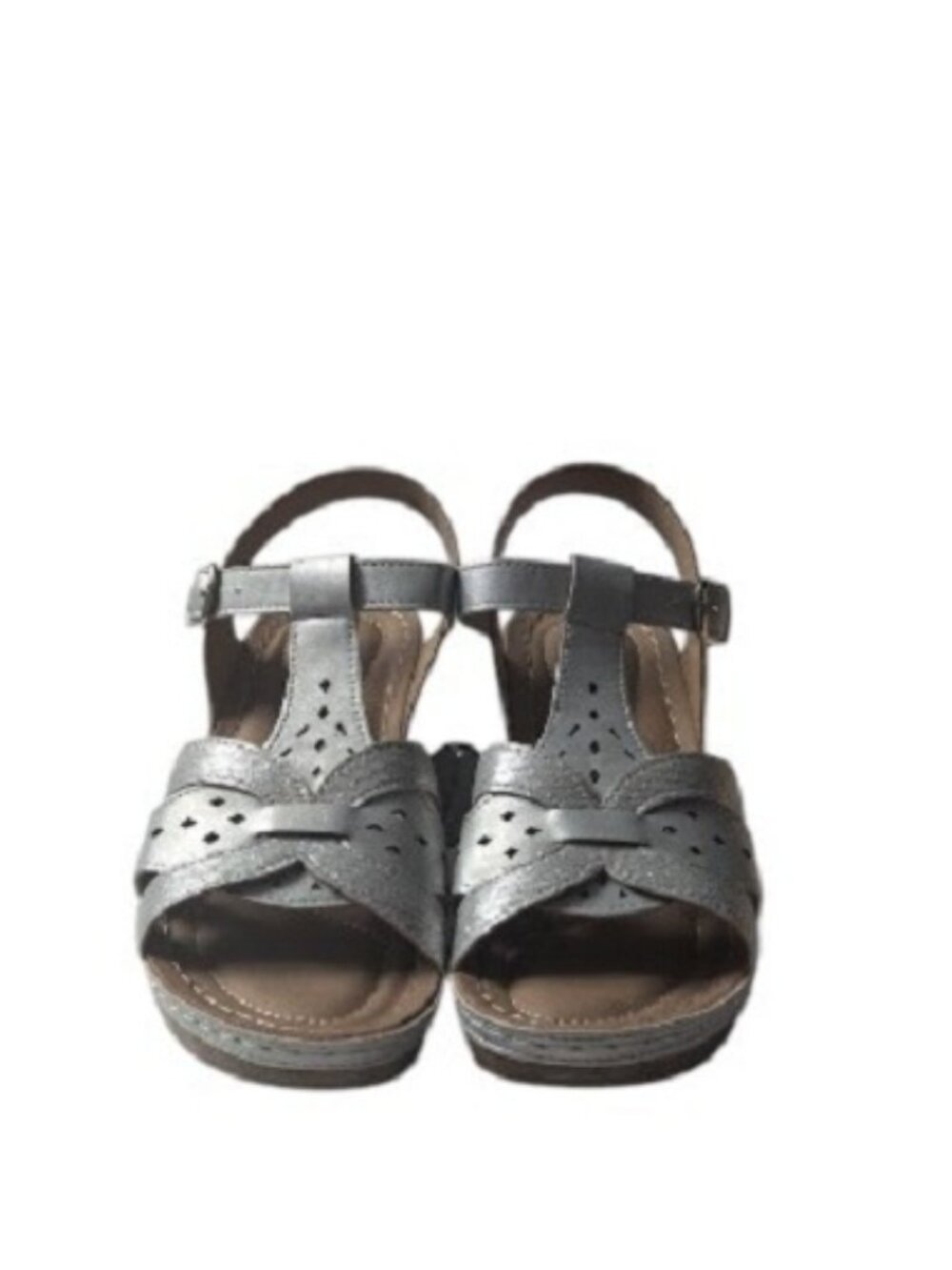 Good Choice Perforated T-Strap Silver Slingback Wedge Comfort Sandal Size 8 NWOB